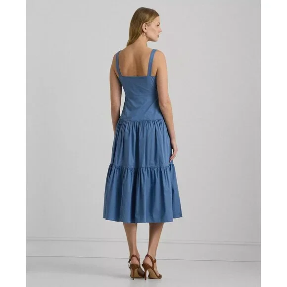 Lauren Ralph Lauren Sleeveless Tie Front Tiered Blue Midi Dress Womens Sz 16 - Picture 2 of 10